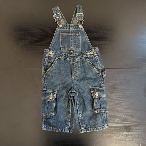 Vintage Old Navy Baby Blue Denim Bib Overalls Cargo Pockets 12-18 Months - Picture 1 of 9